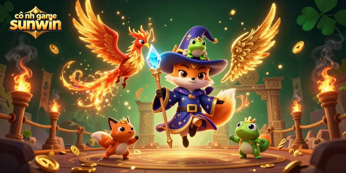 Bet on fortune with cổng game sunwin - magical 3D illustration featuring a wizard fox and phoenix.