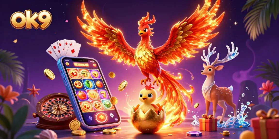 Experience thrilling games at OK9 with vibrant 3D visuals showcasing exciting slot games and mystical elements.
