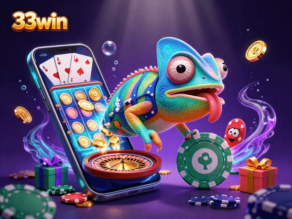 Win big at 33win with a vibrant chameleon-themed casino illustration showcasing games and excitement.