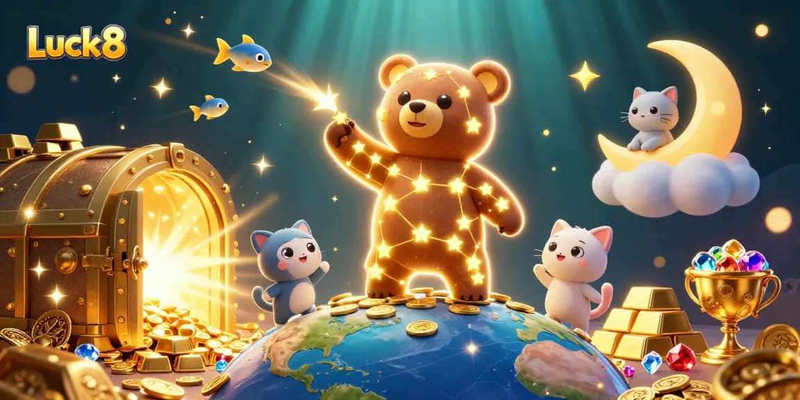 Spin and win at Luck8 with the constellation bear and dynamic casino treasures glowing brightly.