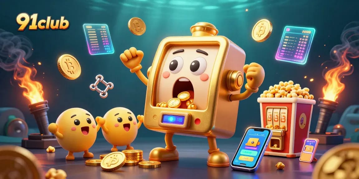 Engage with the exciting world of 91club as the golden slot machine hits a jackpot while surrounded by vibrant 3D elements.