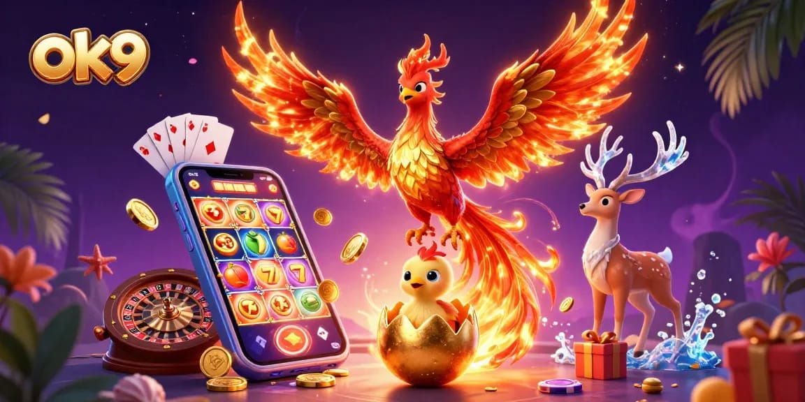 Experience thrilling games at OK9 with vibrant 3D visuals showcasing exciting slot games and mystical elements.