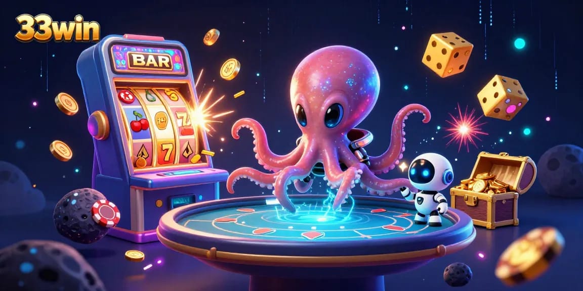 Experience the excitement of 33win with cartoon characters at a holographic poker table.