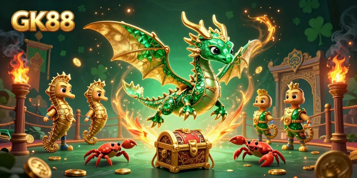 Engage with GK88's thrilling casino adventure featuring a sea dragon, royal seahorse, and treasure chest.