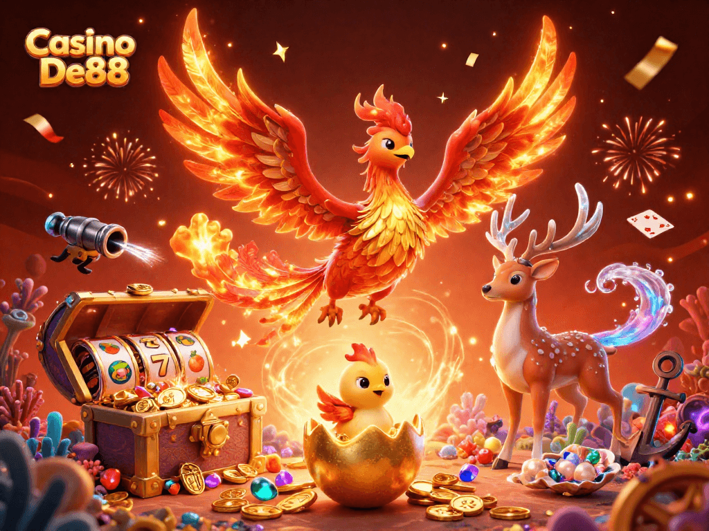Experience Casino De88 with dynamic elements like a phoenix, treasure, and slot reels in vivid detail
