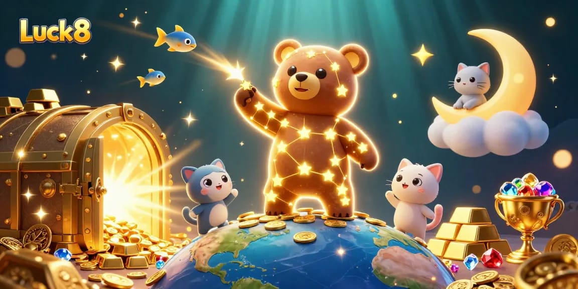 Spin and win at Luck8 with the constellation bear and dynamic casino treasures glowing brightly.