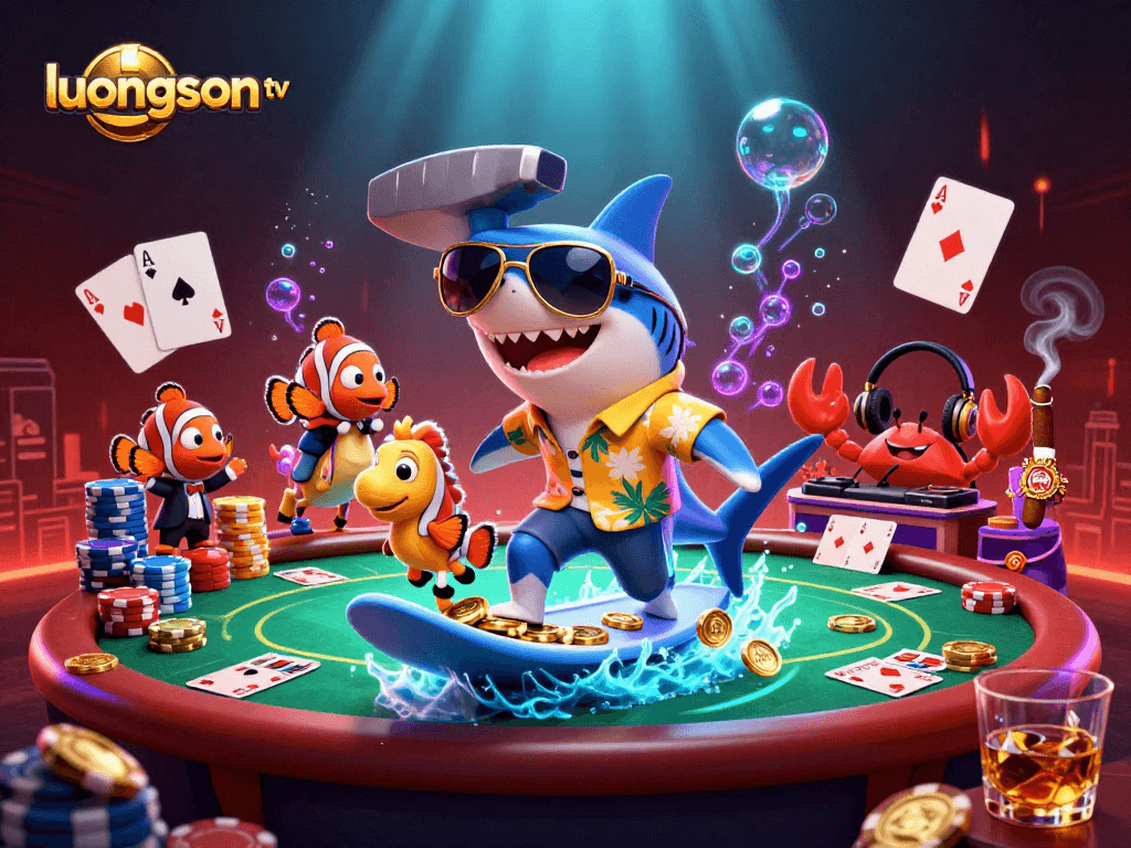 luongson tv players enjoy poker action with unique 3D characters in a vibrant casino scene
