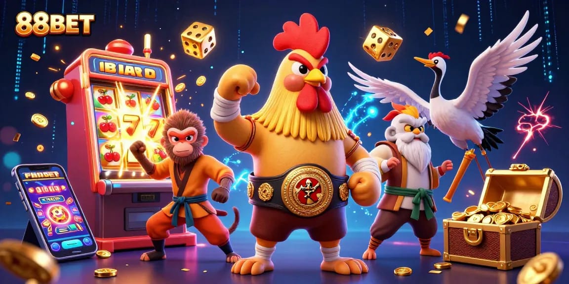 Experience the excitement of 88BET with vibrant 3D casino characters and jackpot elements bursting into light.