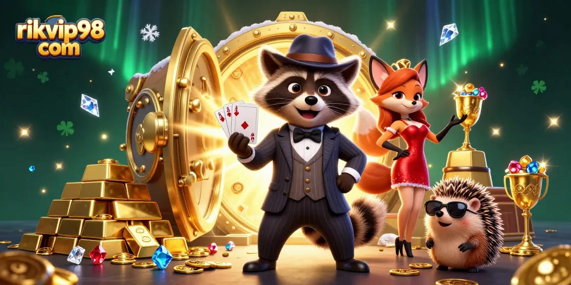 Experience thrilling wins at rikvip98 com with a charming raccoon and fox enjoying a casino adventure.