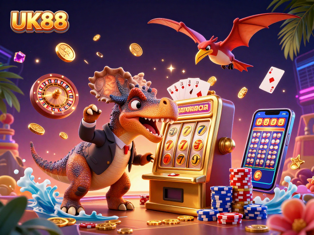 Experience the vibrant UK88 casino scene as immersive characters interact with a golden slot machine, engaging in an exhilarating jackpot moment.