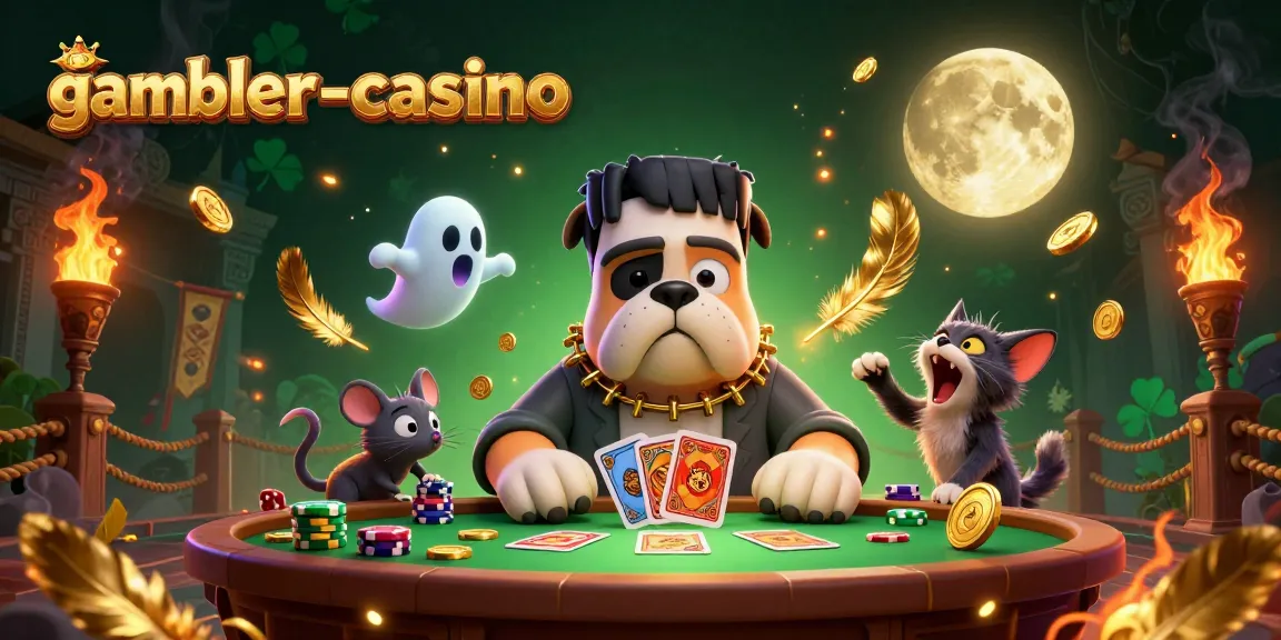 Spela kort med gambler-casino i en illustrerad skräcksammanhang med en bulldog och två mystiska varelser.