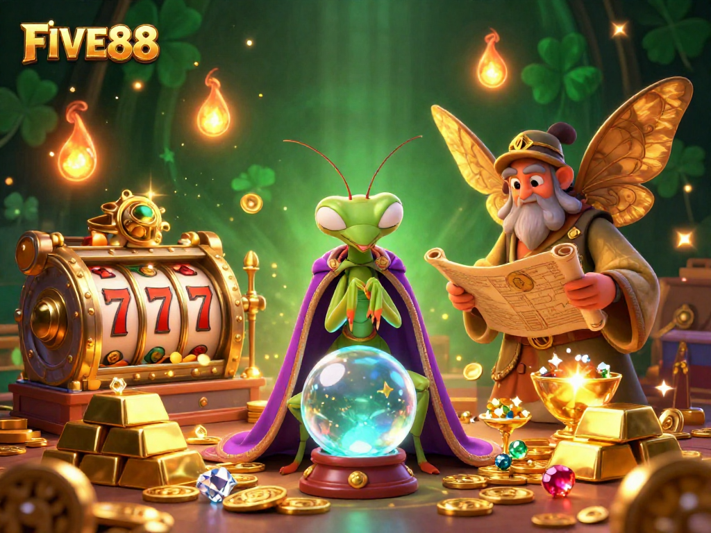 Engage with FIVE88 through an enchanting 3D cartoon casino scene featuring mystical characters and shining treasures.