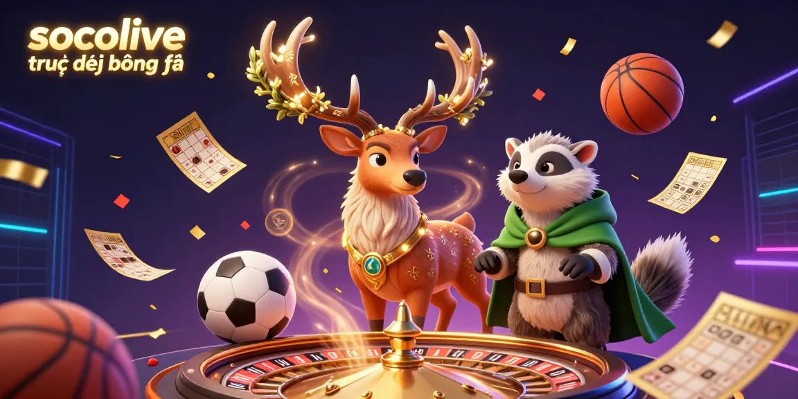 Socolive trực tiếp bóng đá highlights vibrant sports betting elements with a 3D stag and badger in an engaging scene.