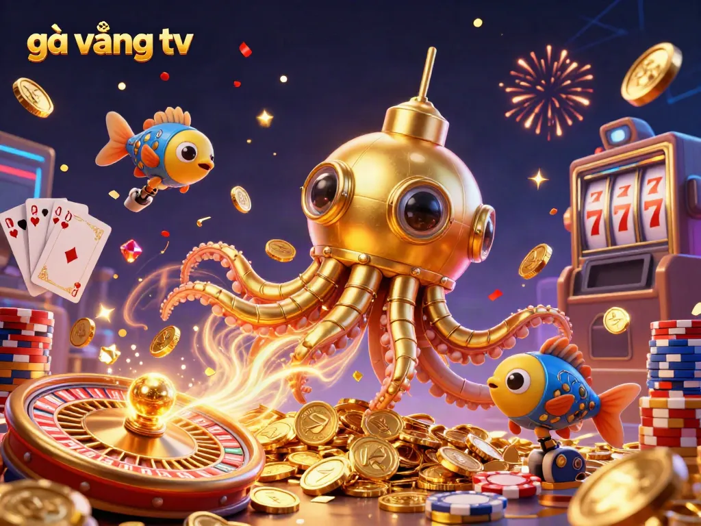 Experience the excitement of gà vàng tv with a dynamic golden kraken amidst casino treasures.