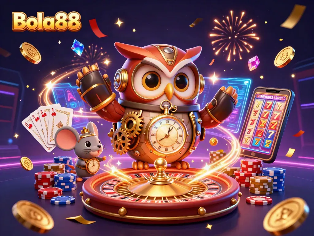 Bola88 delivers excitement with a steampunk owl and casino treasures illuminated by vibrant energy.