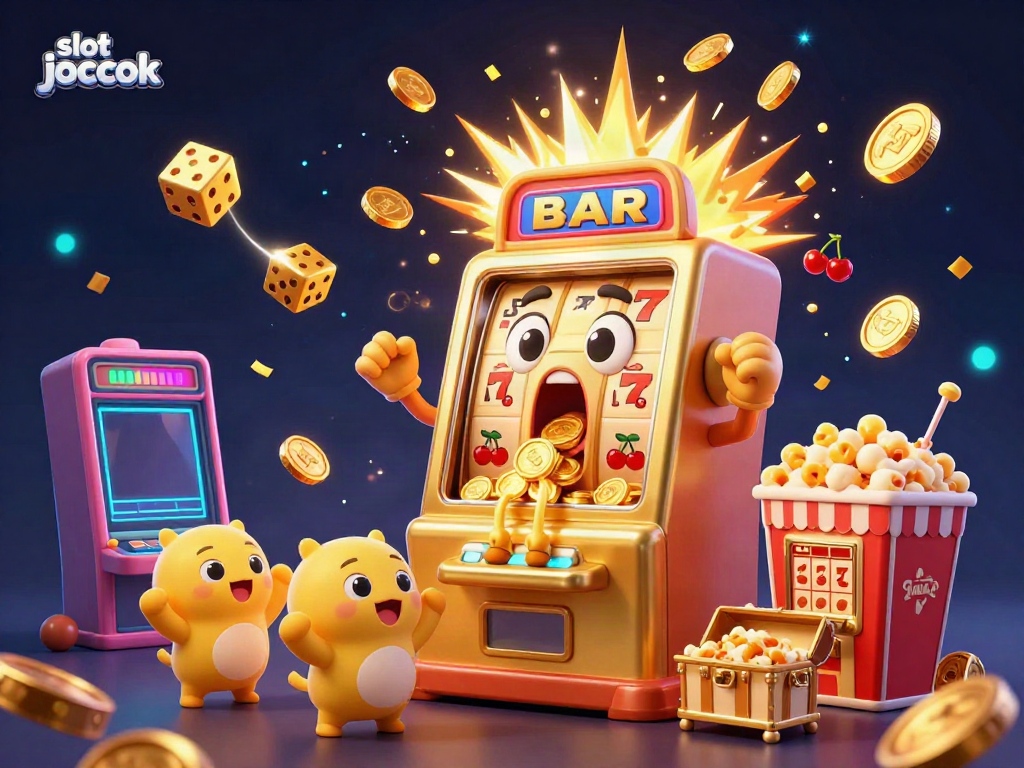 Exciting scene of a slot jackpot celebration with a golden slot machine and cheering characters, bursting with coins and game symbols.