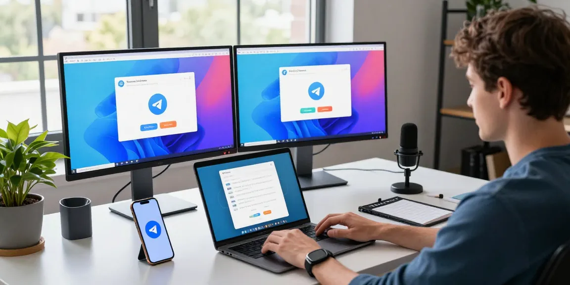 Engaging scene of a person using Telegram web version in a modern workspace.