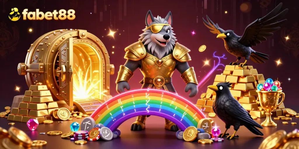 Bet big with fabet88 featuring a 3D Norse god and treasure in a vibrant casino scene.