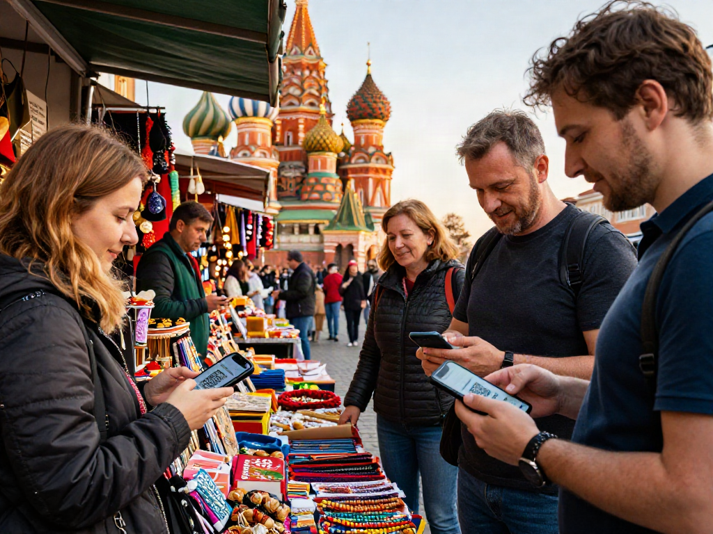 Los turistas usando https://payinrussia.com/ para realizar pagos en un mercado vibrante en Rusia.