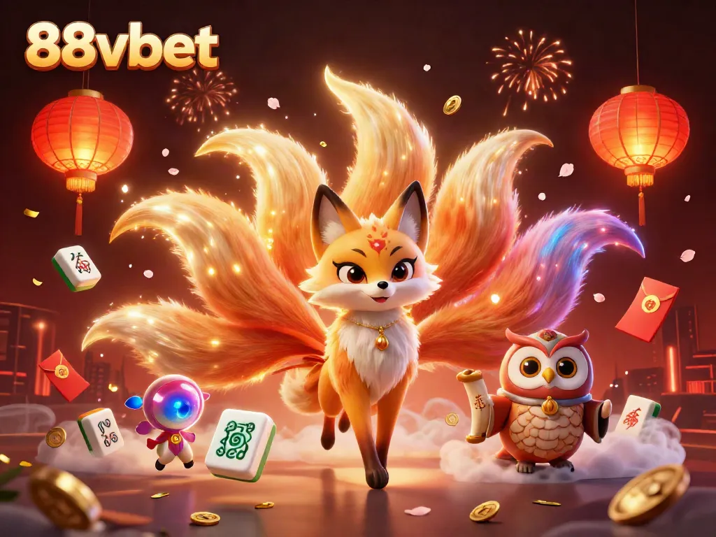 Engage with 88vbet in a vibrant digital casino world featuring a glowing nine-tailed fox and wise sage amidst colorful game elements.