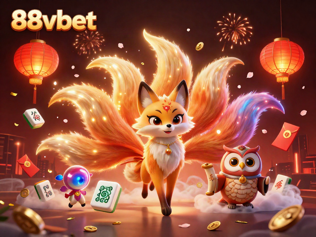 Engage with 88vbet in a vibrant digital casino world featuring a glowing nine-tailed fox and wise sage amidst colorful game elements.