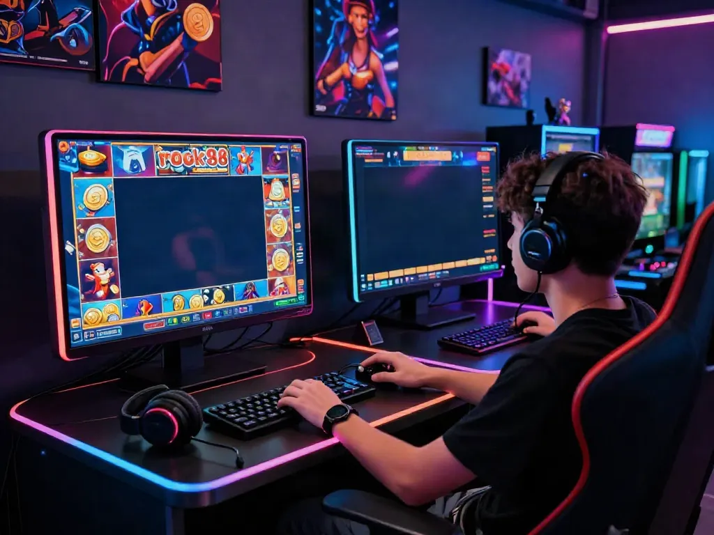 Engaged gamer playing the rokok88 slot on a high-resolution monitor in a vibrant gaming setup.
