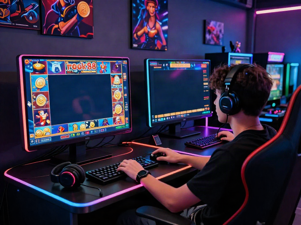Engaged gamer playing the rokok88 slot on a high-resolution monitor in a vibrant gaming setup.