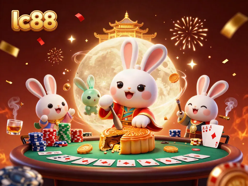 Experience lc88's dynamic gambling scene with moon rabbits celebrating poker wins.