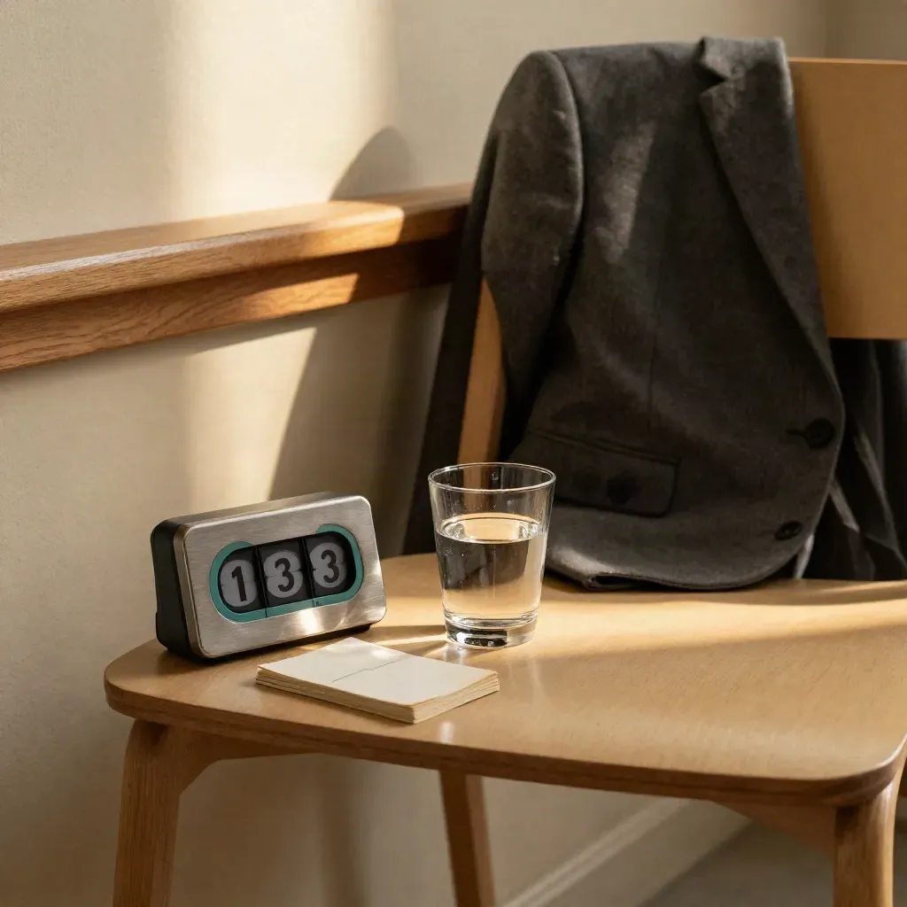 Intervjuträning med timer, vatten, cue cards och kavaj i en lugn coachinghörna.
