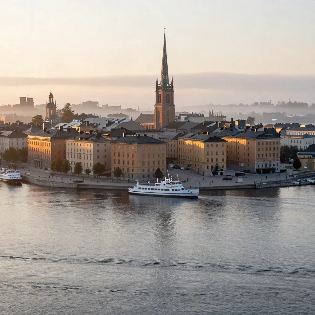 Stockholms vattenfront i morgondimma med kyrktorn, färjor och stilla vatten