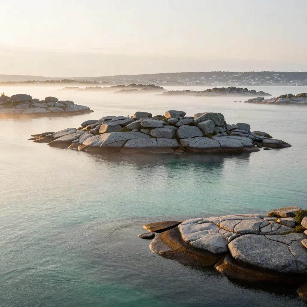 Västra Götalands skärgård med granitöar, mjuk stadskant och dimmig havshorisont i kvällsljus