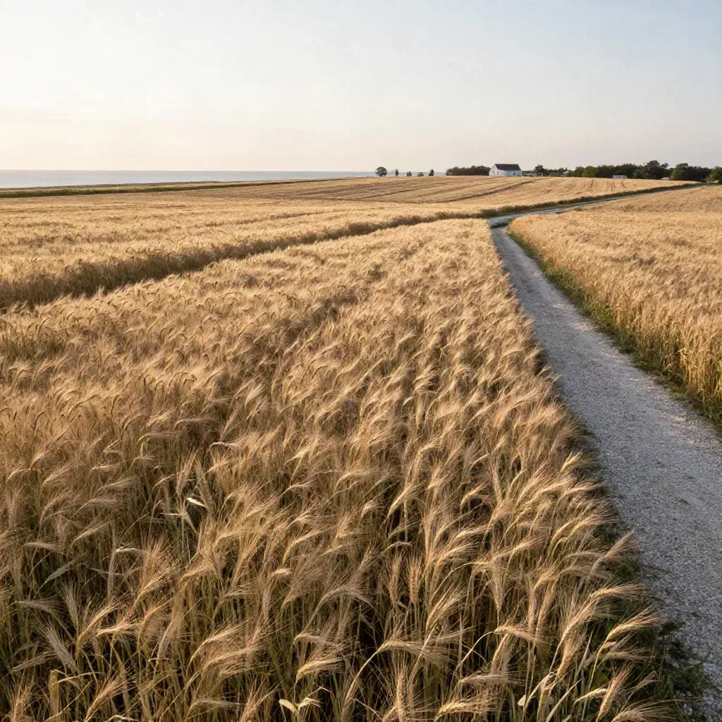 Gyllene fält i Skåne med häckar och avlägsen kust i mjukt kvällsljus