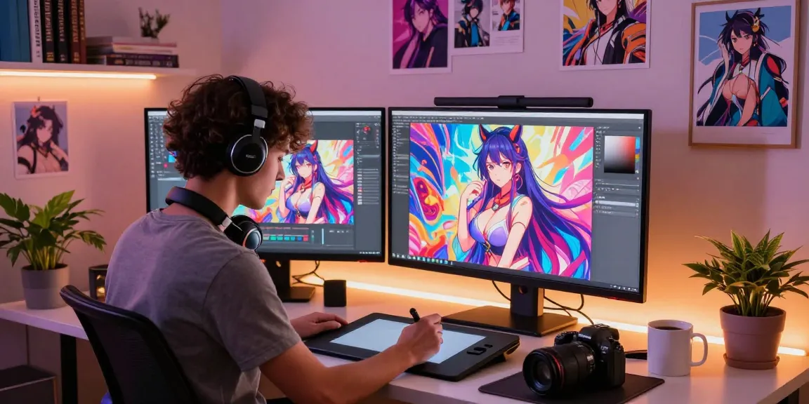 AI hentai artist creating vibrant digital illustrations in an inspiring studio.