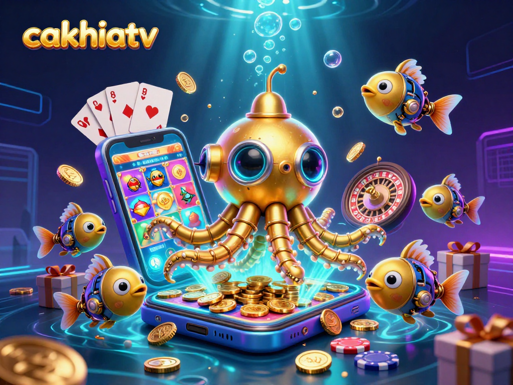Cakhiatv showcases an ultra-detailed 3D illustration of a golden kraken submarine surrounded by exciting casino elements.
