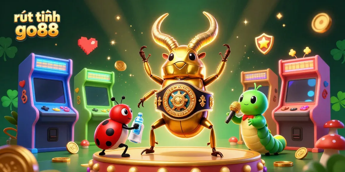 Experience the excitement of rút tiền go88 with a vibrant 3D casino illustration featuring a golden stag beetle champion.