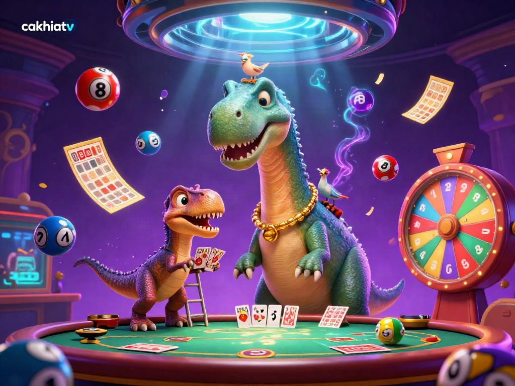 CakhiaTV brings lively casino energy with a brontosaurus and clever raptor at a poker table surrounded by vibrant gaming elements.