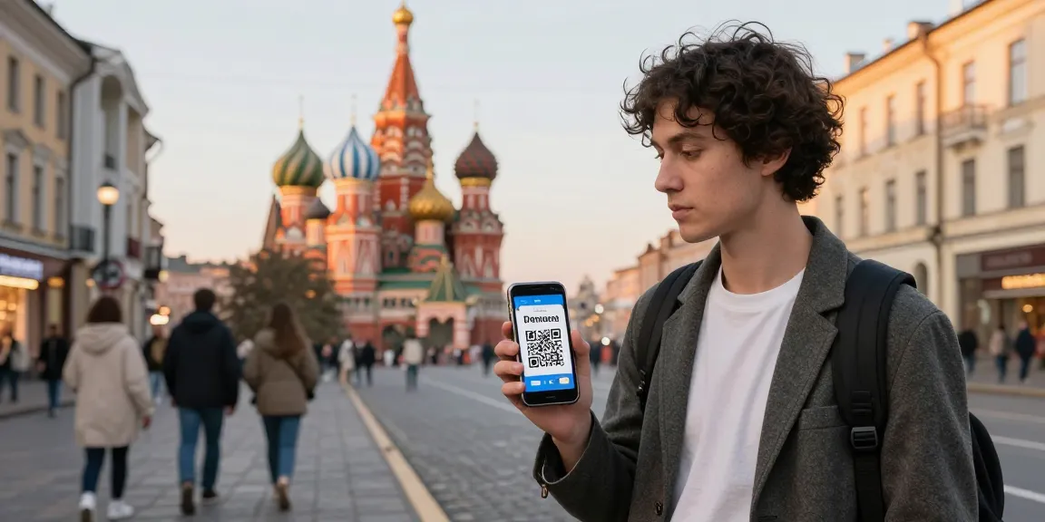 Explorador usando https://payinrussia.com/ para pagar en Rusia, mostrando un código QR en un entorno urbano.