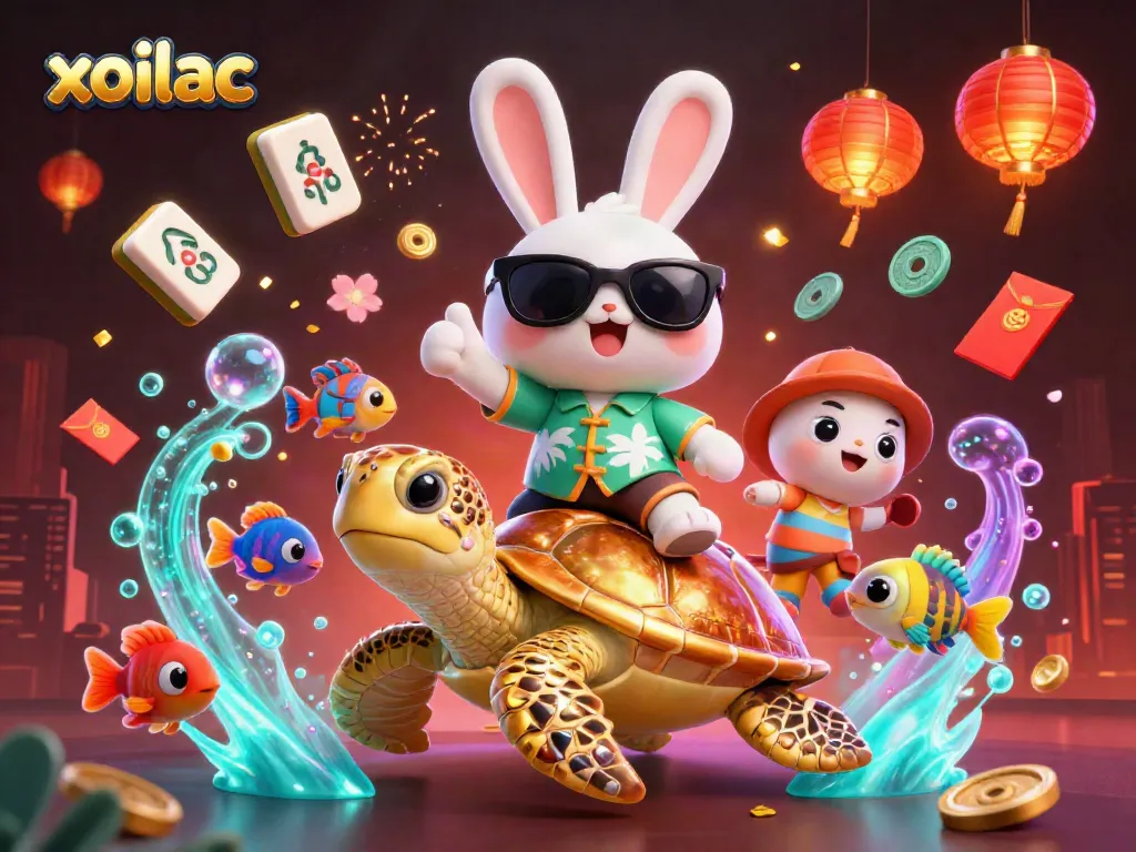 Xoilac cartoon rabbit promotes fun with giant turtle, radiating casino excitement.