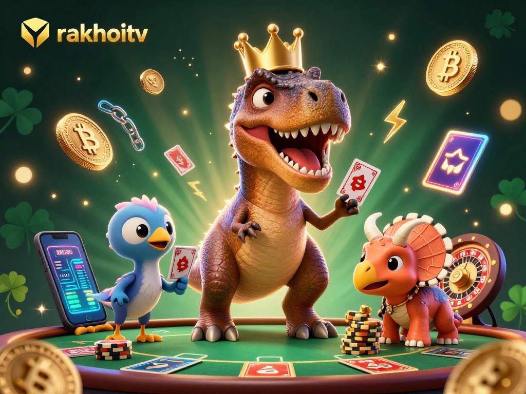Engage with rakhoitv's playful 3D T-Rex gambling scene, filled with vibrant casino elements and crypto coins.