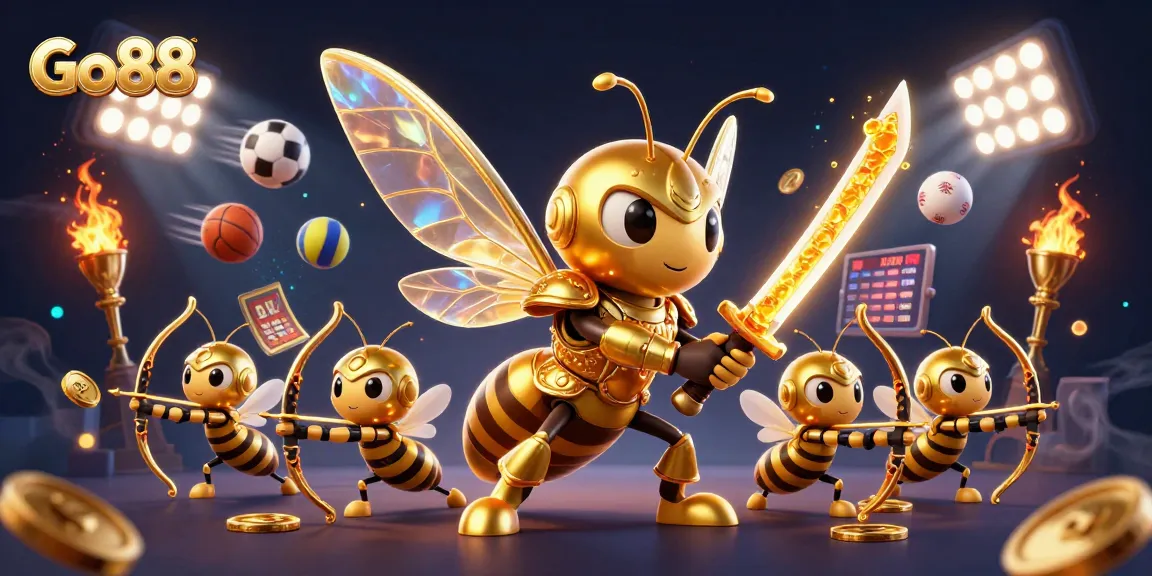 Engage with Go88's vibrant gaming world alongside a golden hornet in samurai armor, showcasing dynamic betting activity.